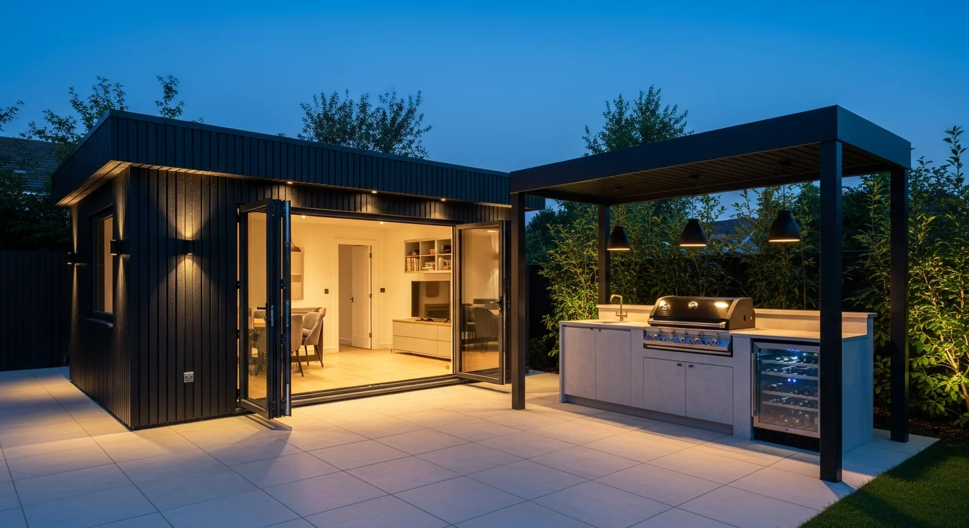 Bricket Wood Retreat — bespoke black modern garden cabin with outdoor kitchen, Hertfordshire