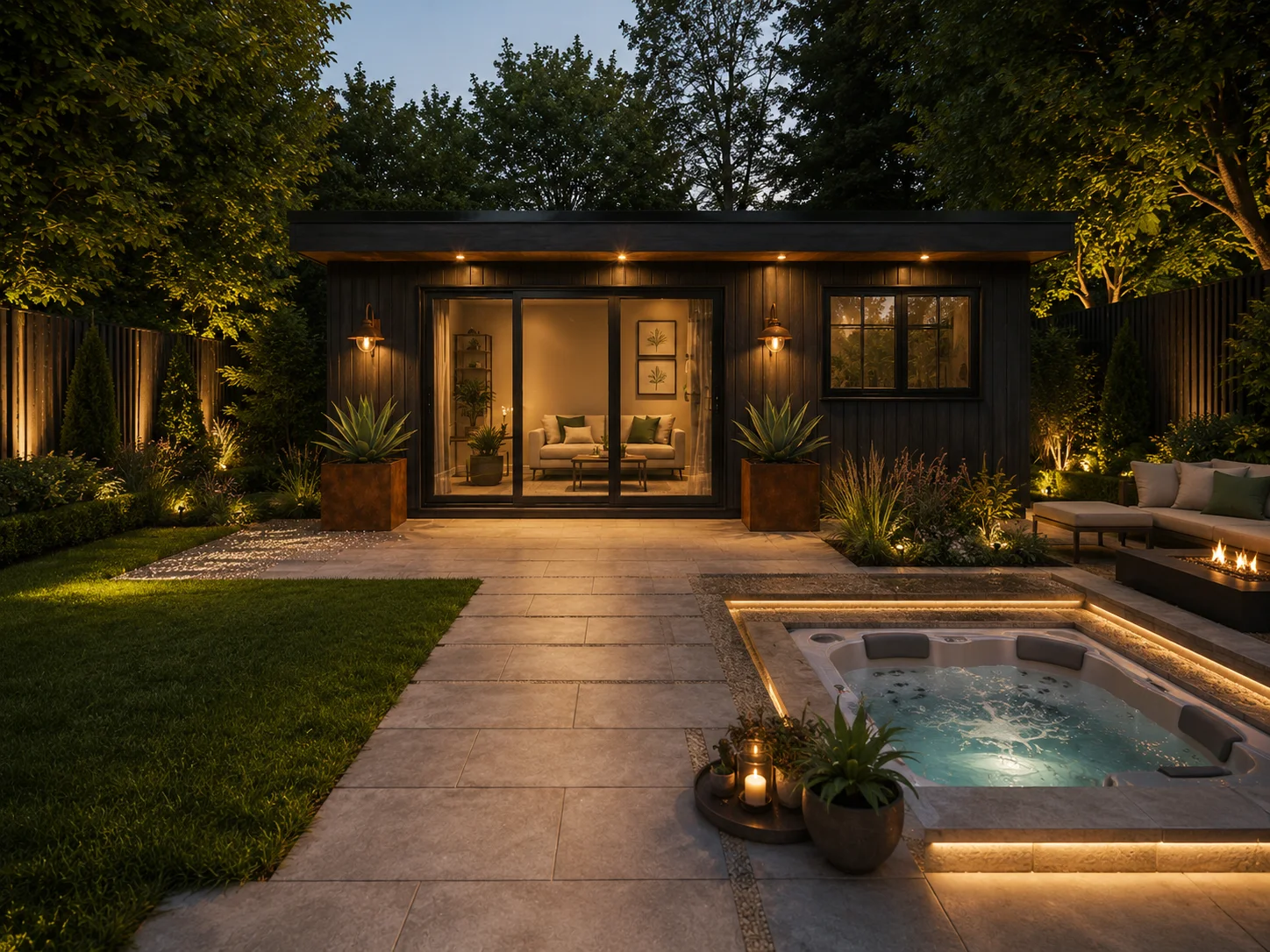 Garden office studio evening hot tub hertfordshire 1 — Sublime Outdoor Living, Hertfordshire