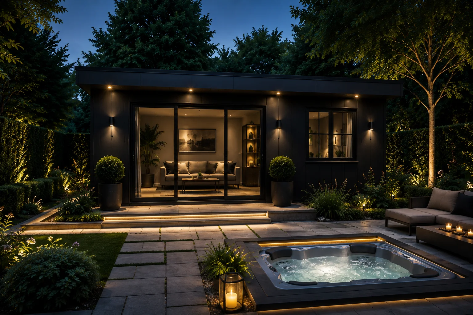 Garden office studio evening hot tub hertfordshire 2 — Sublime Outdoor Living, Hertfordshire