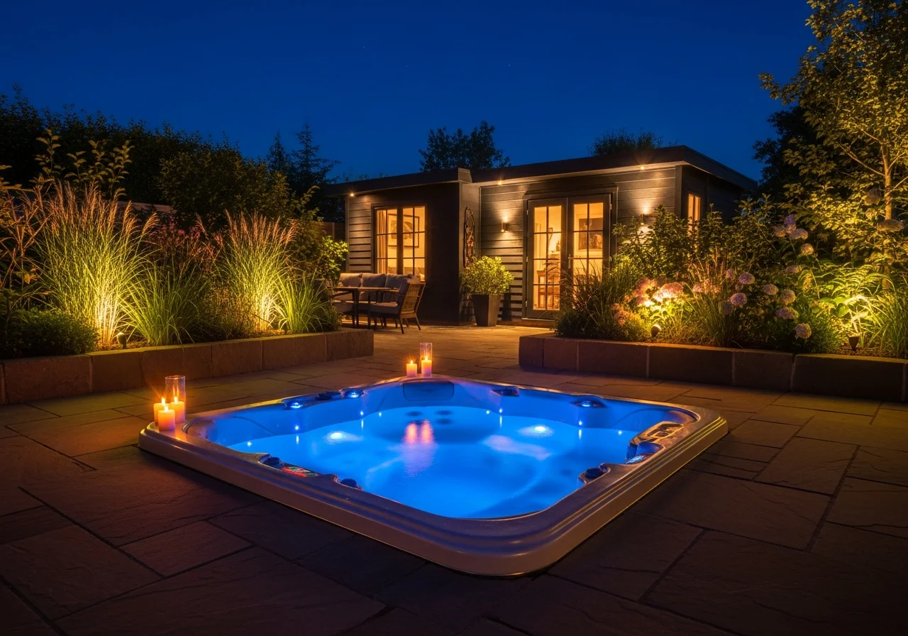 Sunken hot tub garden hertfordshire night 1 — Sublime Outdoor Living, Hertfordshire
