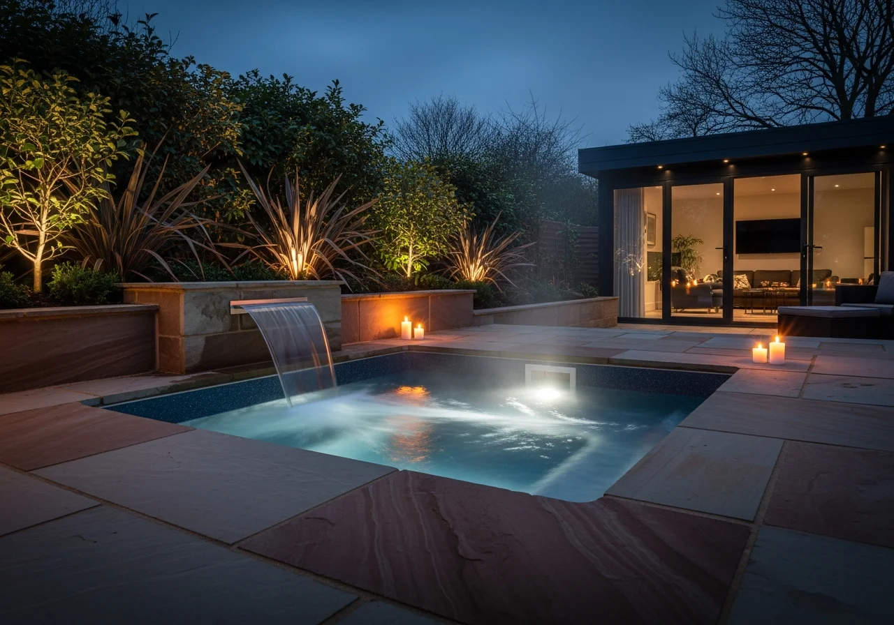 Sunken hot tub garden hertfordshire night 2 — Sublime Outdoor Living, Hertfordshire